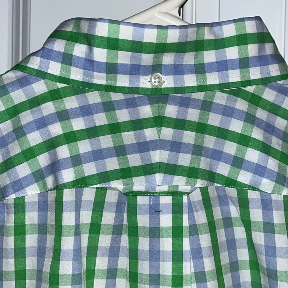 T. M Lewin Vivid green blue plaid gingham New England model LS dress shirt L - Picture 4 of 5